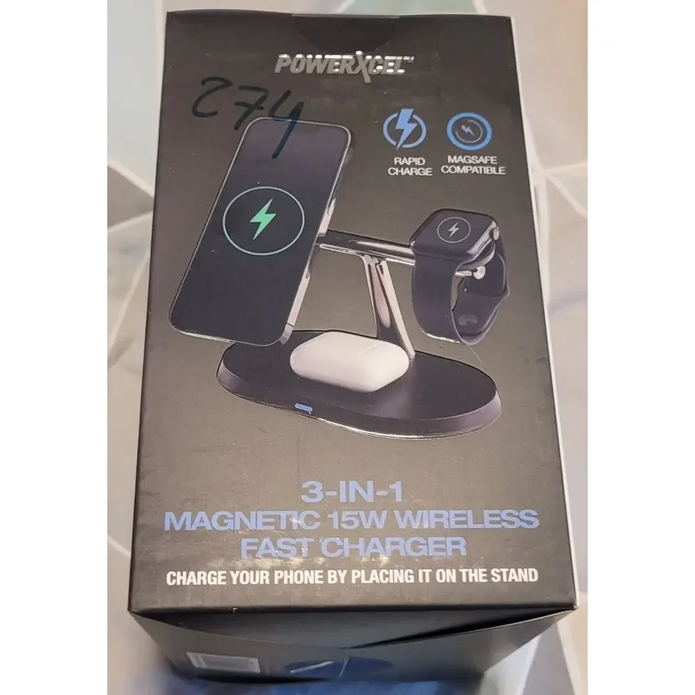 PowerXcel 3-in1 Magnetic Wireless Charger Rapid Charge Magsafe Compatible Black